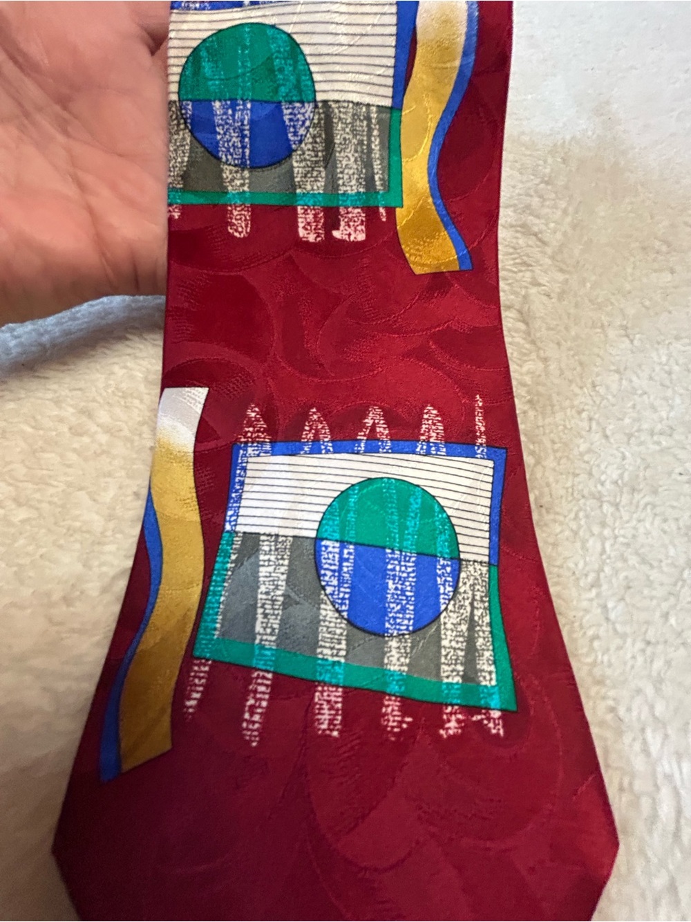 🎁3 for $30 - Red Patterned Necktie with Teal and Blue Accents